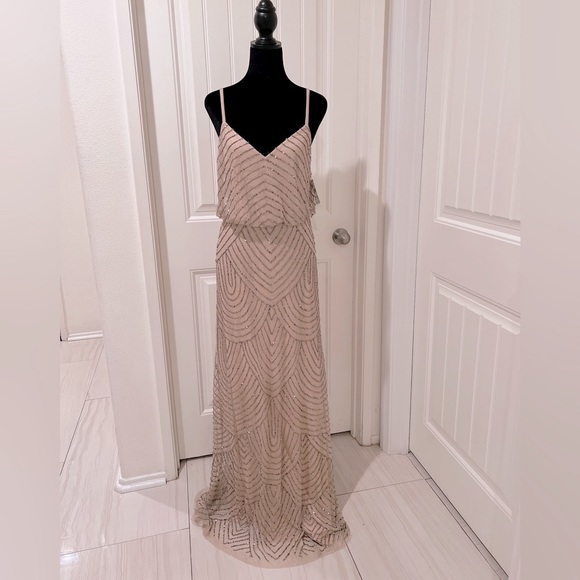 Adrianna Papell Women's Long Beaded Taupe pink Blouson Gown Adrianna Papell Women's Long Beaded Taupe pink Blouson Gown